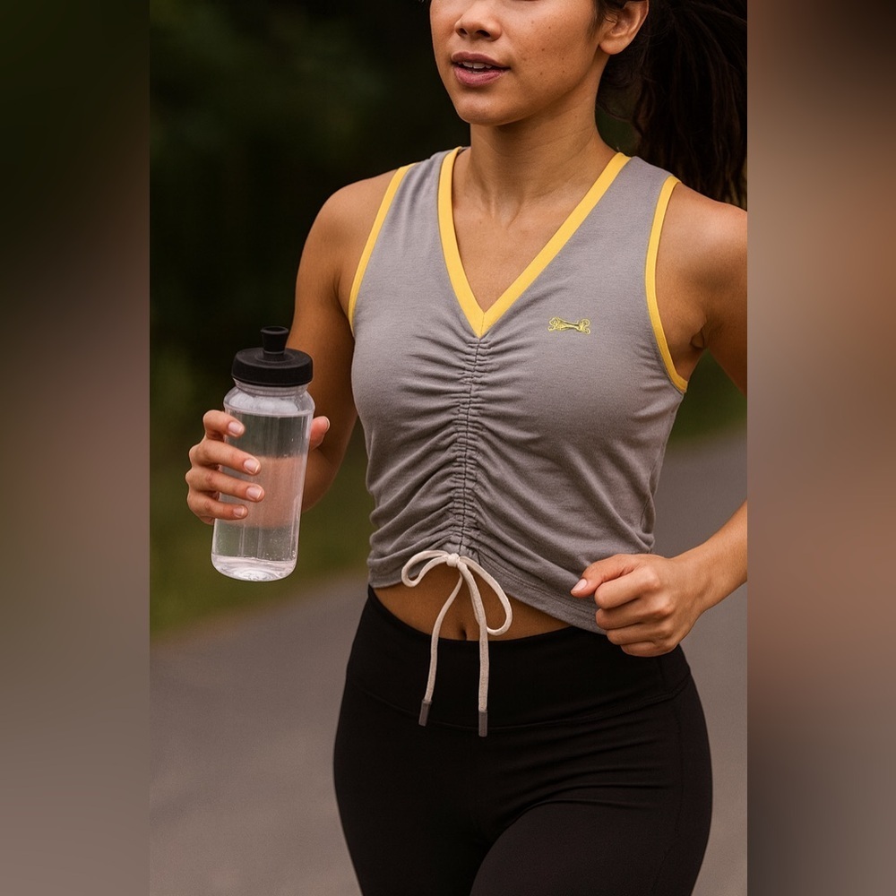 Le Tigre Ruched Crop Top Gray Yellow Drawstring Front Logo Tank Sz L Gym Yoga